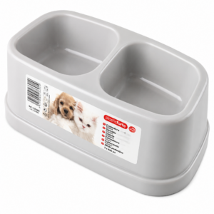 Gamelle double chien & chat – 2 × 600 ml – PlasticForte GRIS