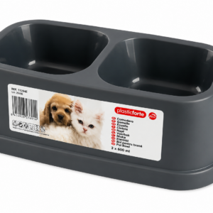 Gamelle double chien & chat – 2 × 600 ml – PlasticForte anthracite